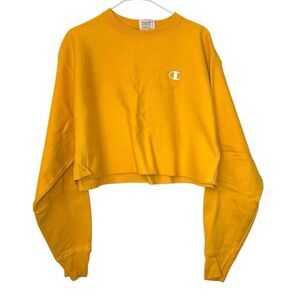 Champion Reverse Weave Raw Hem Crew Neck Crop Pullover Sweatshirt Orange Large